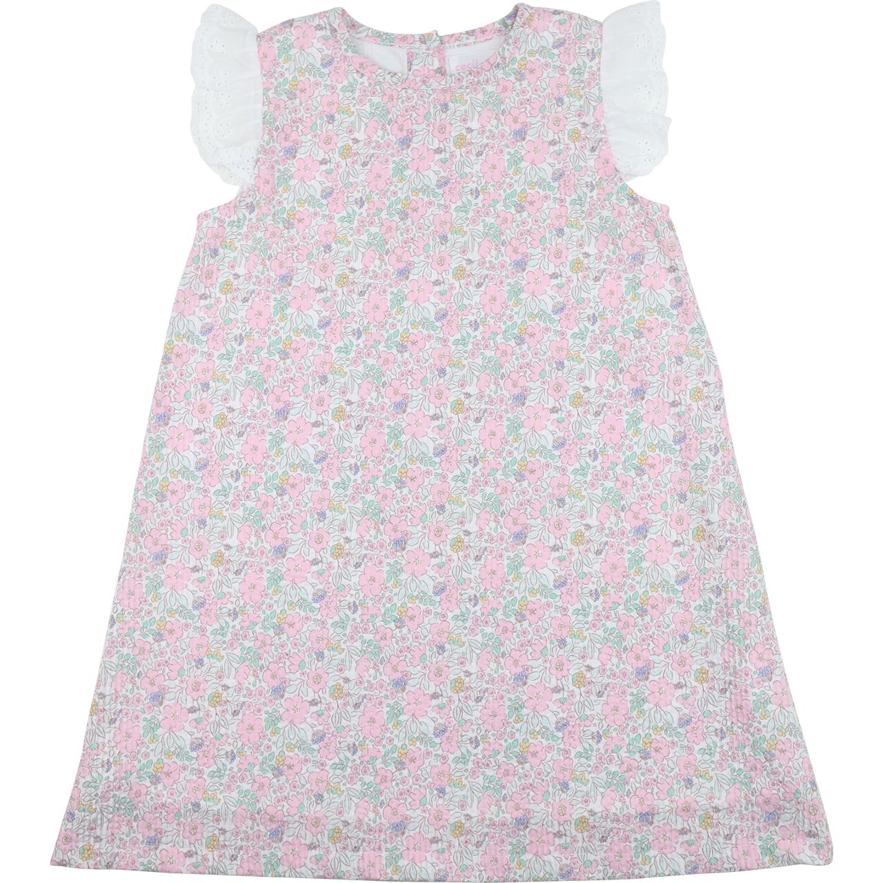 Girls pastel floral seersucker dress with white eyelet ruffle sleeves, round neckline, and back button closure.