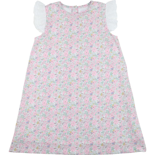 Girls pastel floral seersucker dress with white eyelet ruffle sleeves, round neckline, and back button closure.