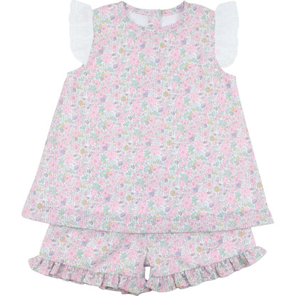 Girls pastel floral seersucker short set with white eyelet flutter sleeves, ruffle hem top, and matching ruffle-hem shorts.