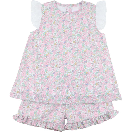 Girls pastel floral seersucker short set with white eyelet flutter sleeves, ruffle hem top, and matching ruffle-hem shorts.