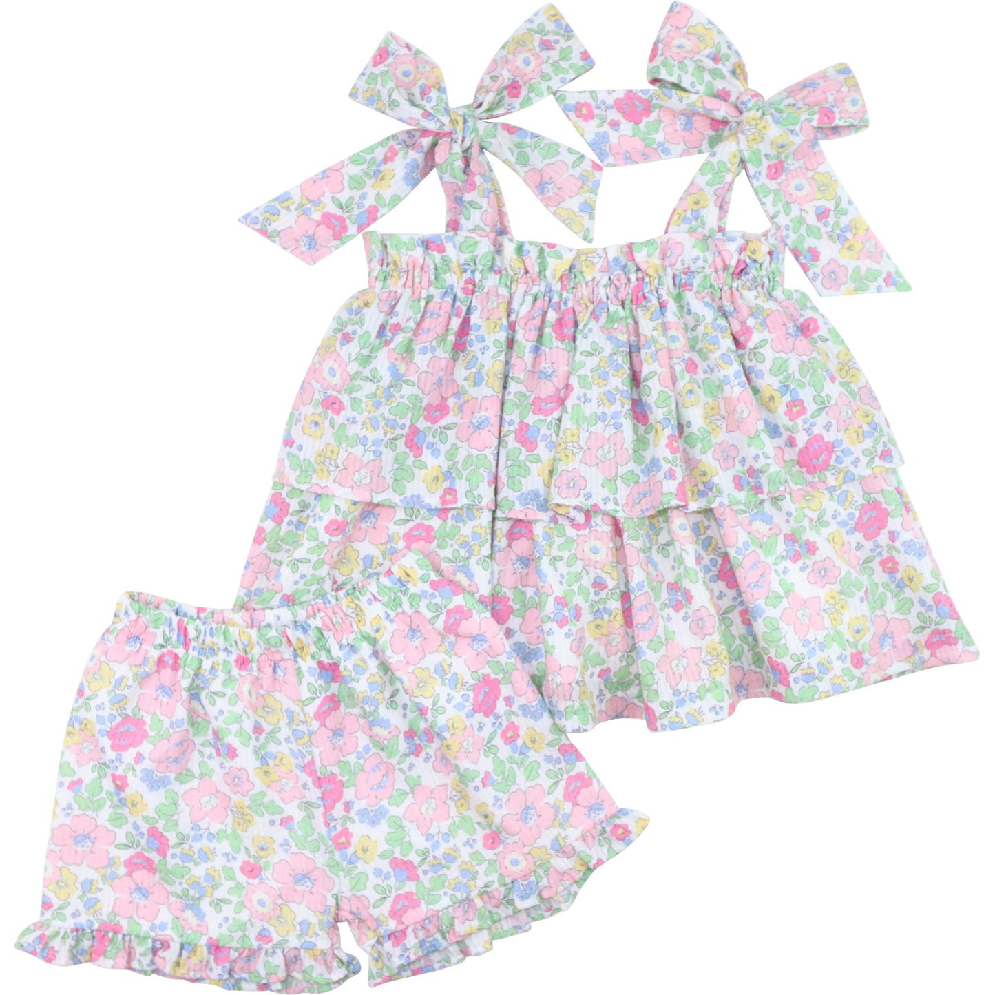 Floral Seersucker Shoulder Tie Short Set