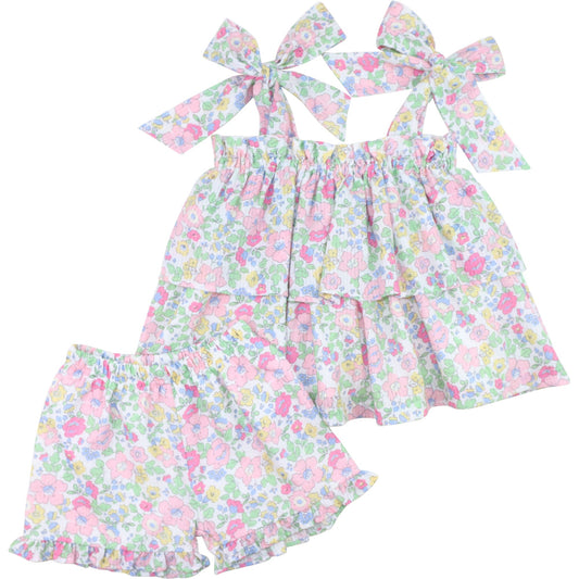 Floral Seersucker Shoulder Tie Short Set