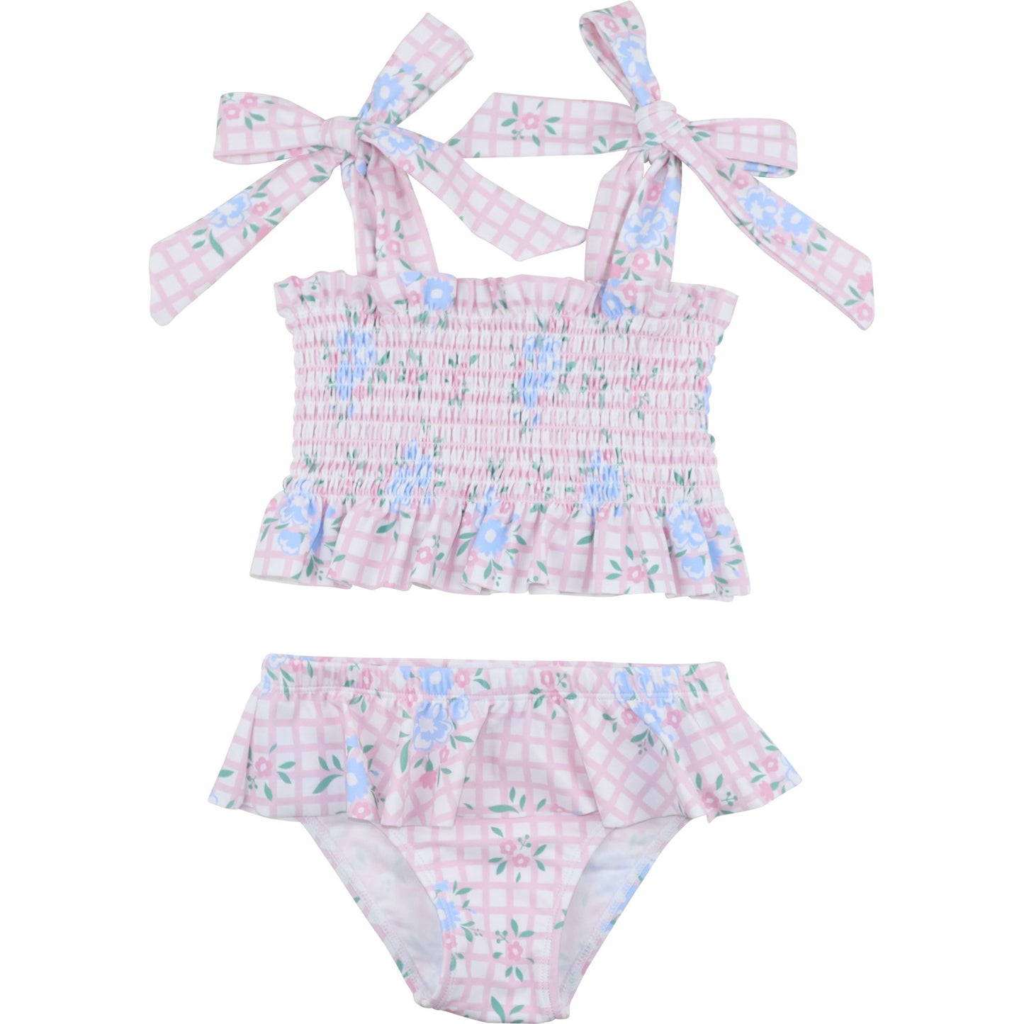 Floral Windowpane Smocked Bikini