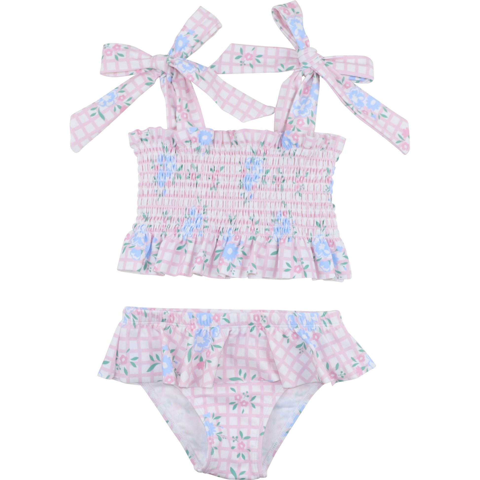 Floral Windowpane Smocked Bikini