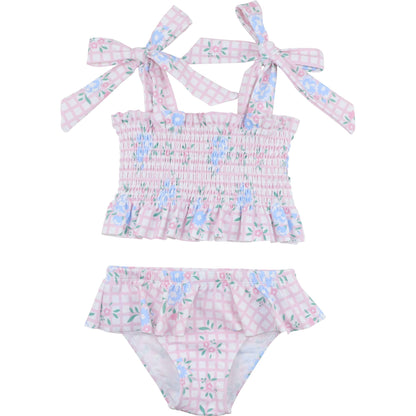 Floral Windowpane Smocked Bikini