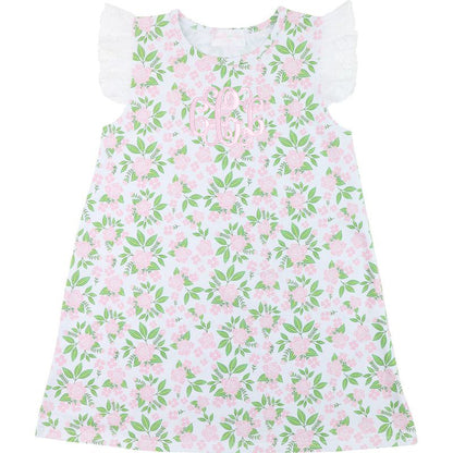 Floral dress with pink flowers and green leaves on a white background