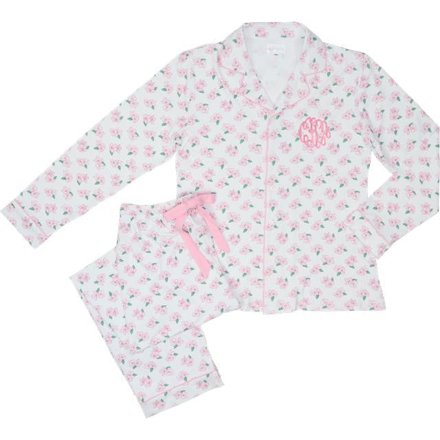 Floral pajama set with pink drawstring on a white background