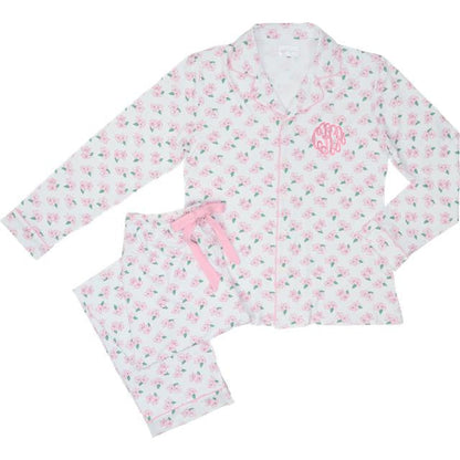 Floral pajama set with pink drawstring on a white background