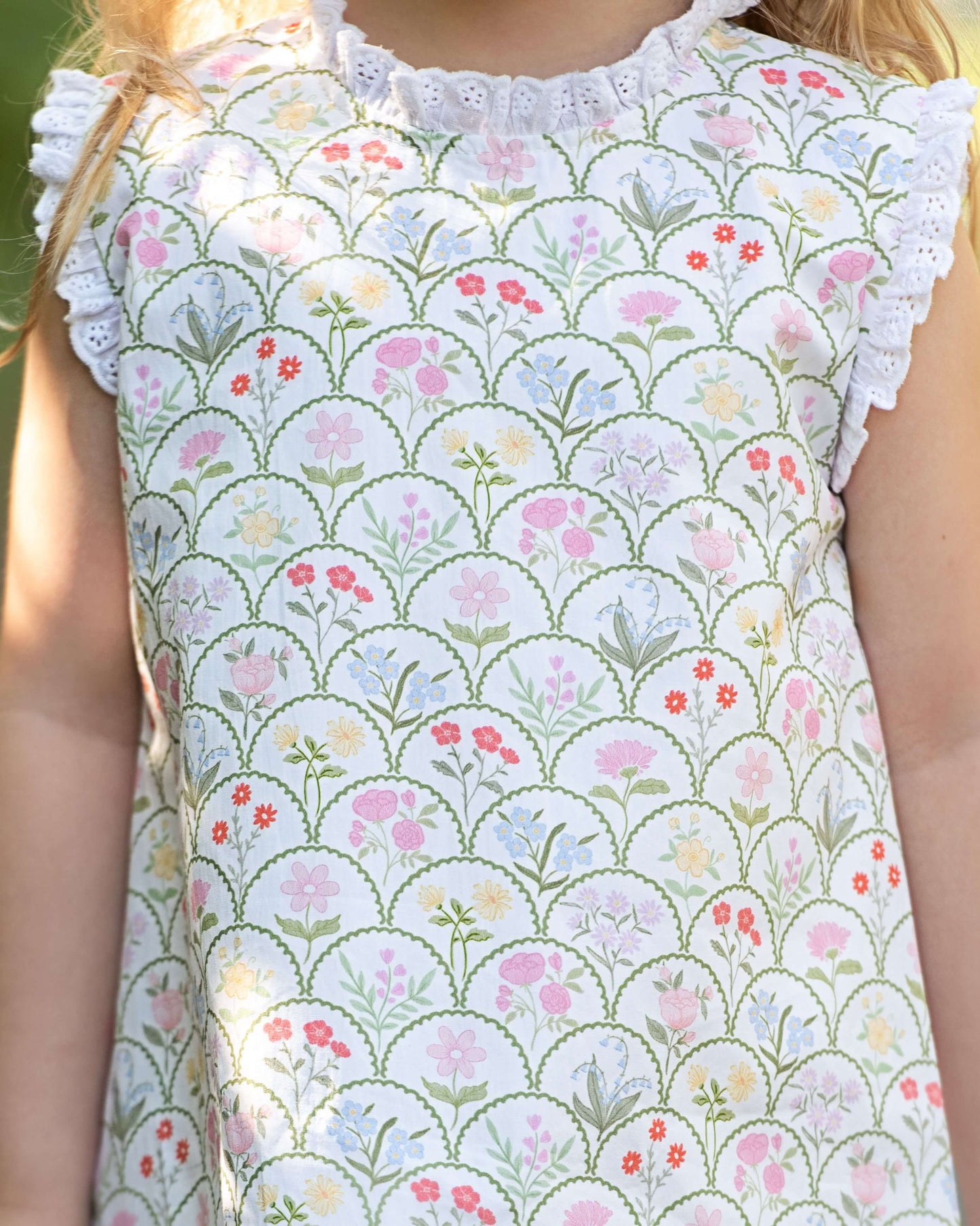 Floral patterned dress with lace trim on a person