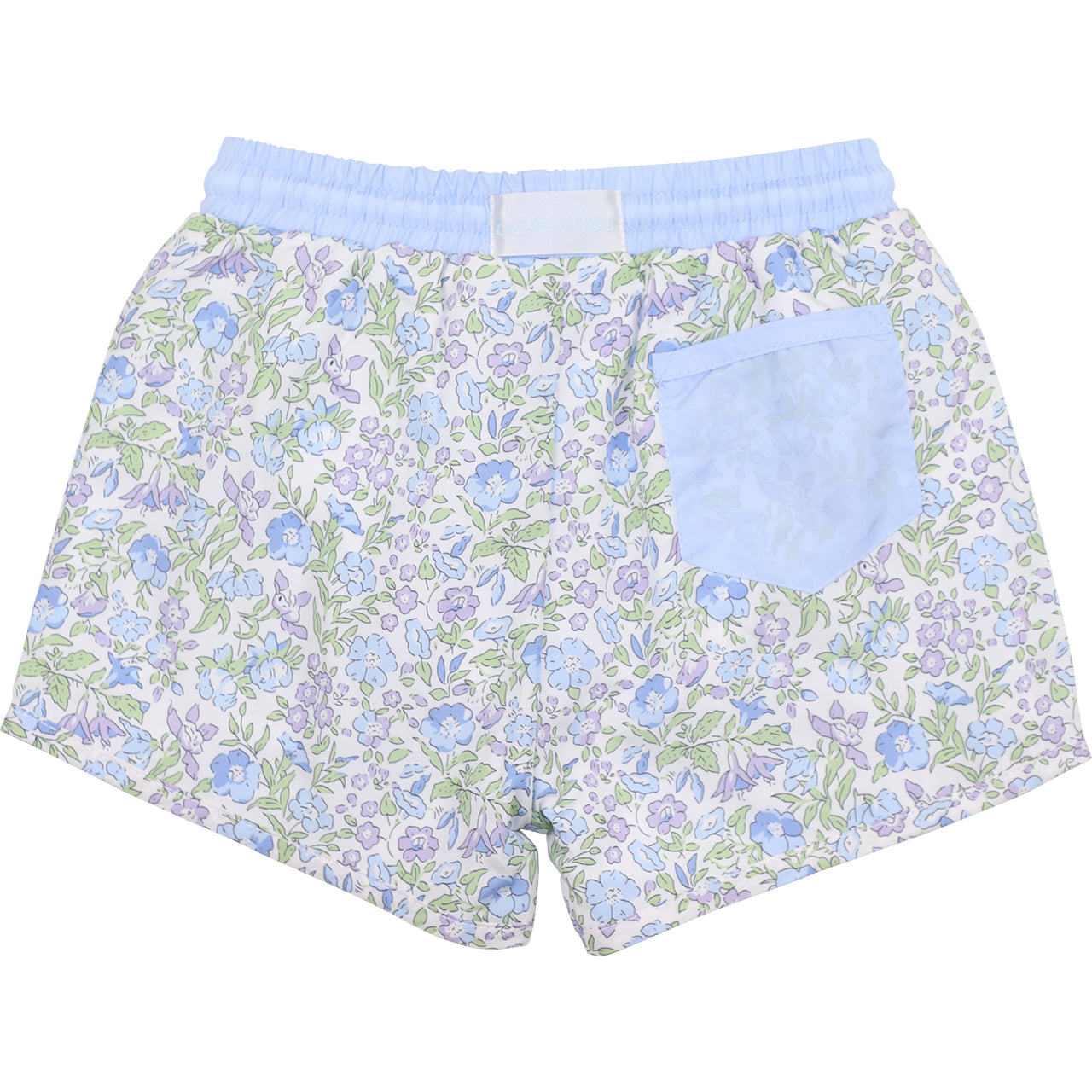 Floral patterned shorts with light blue waistband on a white background