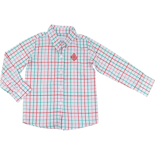 Red And Green Windowpane Button Down Shirt