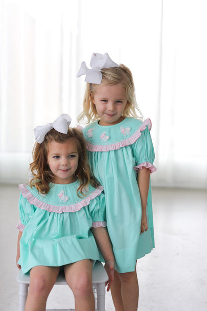 Mint And Pink Smocked Bunnies Dress