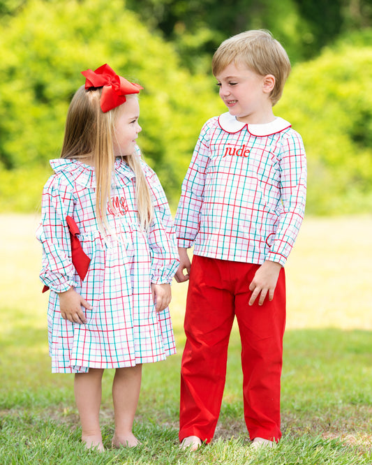Red And Green Windowpane Bow Dress