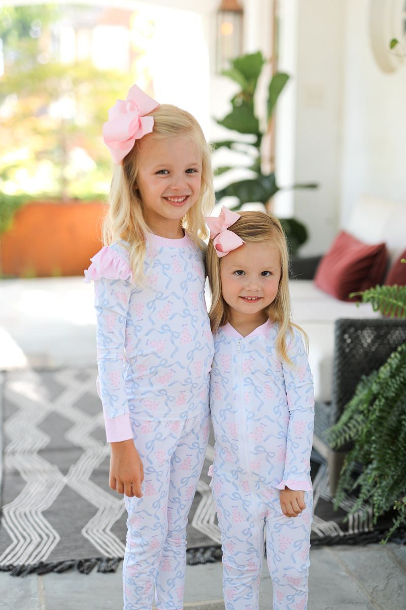 Pink And Blue Knit Christmas Tree And Ribbon Zipper Pajamas