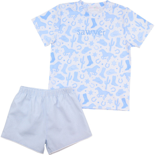 Blue Gingham Rodeo Short Set