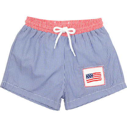Gingham Smocked Flag Swim Trunks1