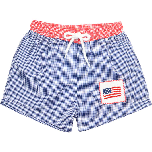 Gingham Smocked Flag Swim Trunks1