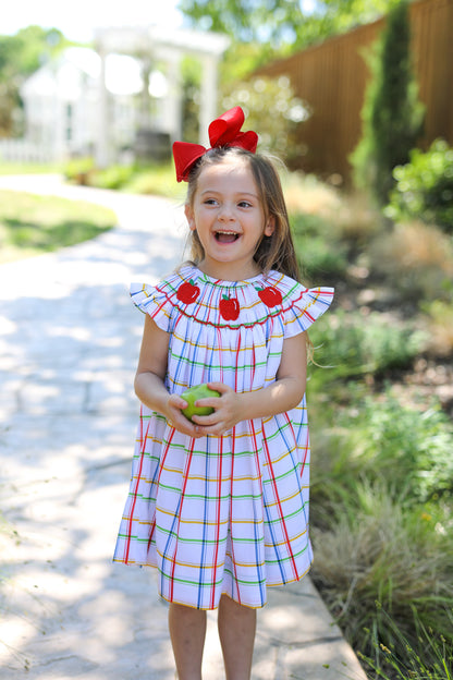 Girl standing in sidewalk holding an apple wearing a plaid dress with smocked apples.