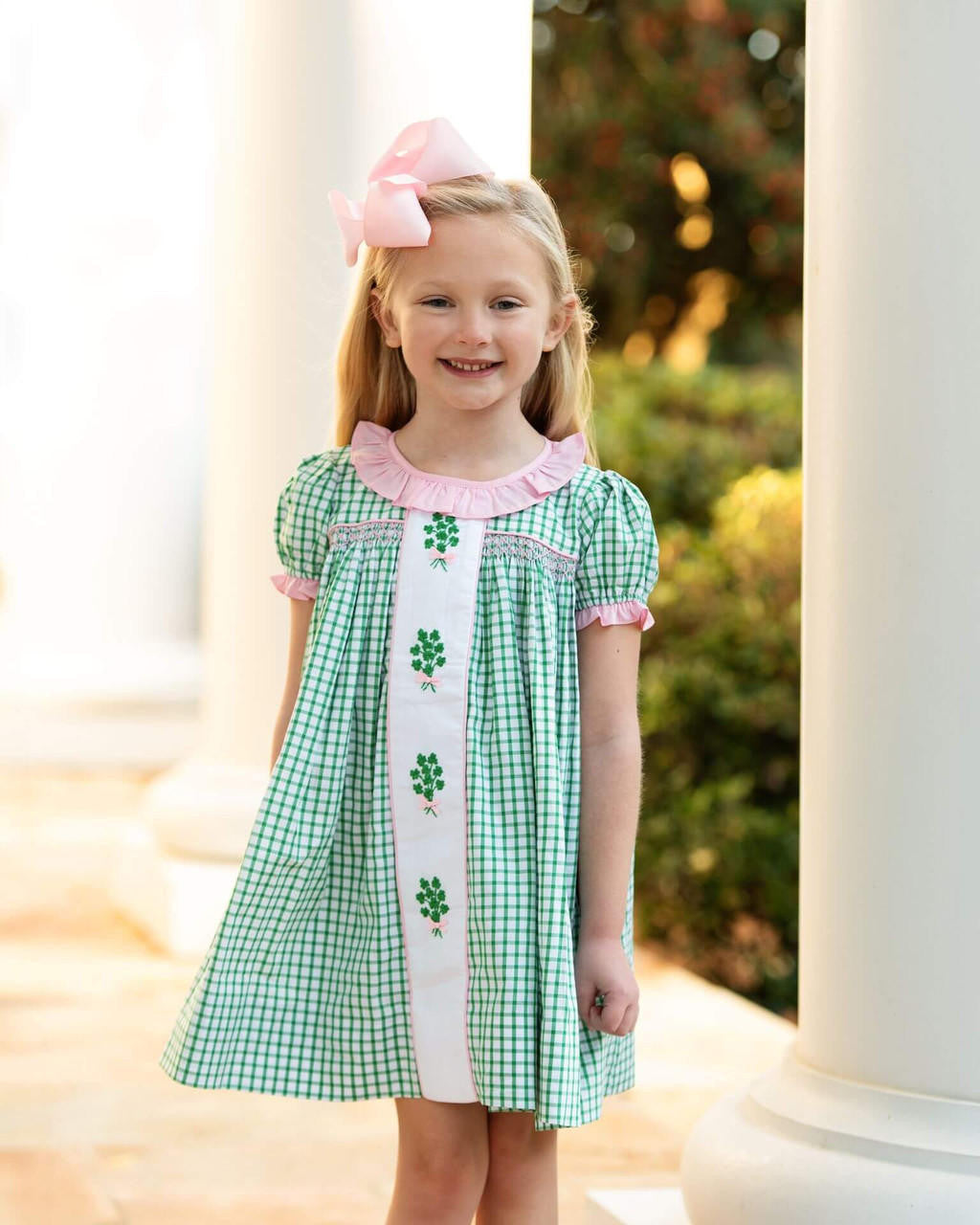 Green And Pink Windowpane Smocked Shamrock Dress