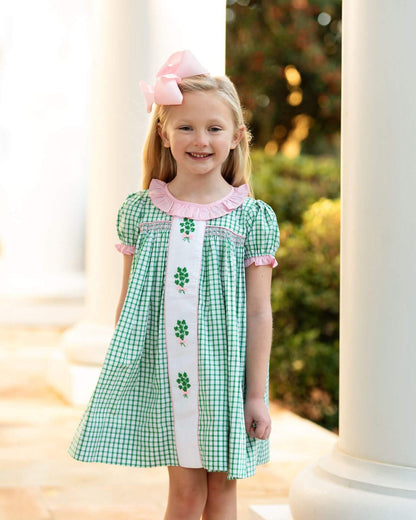 Green And Pink Windowpane Smocked Shamrock Dress
