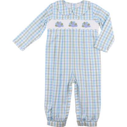 Green And Blue Check Smocked Turkeys Long Romper