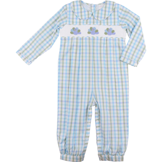 Green And Blue Check Smocked Turkeys Long Romper