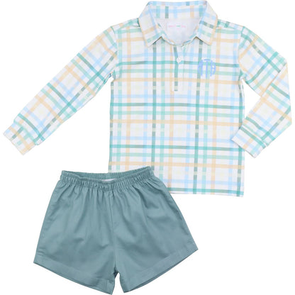 Green And Blue Plaid Polo Short Set