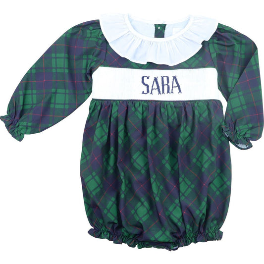 Green And Navy Plaid Custom Smocked Bubble