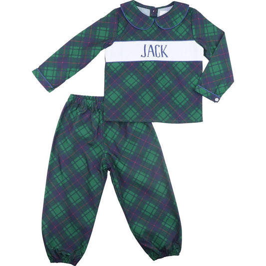 Green And Navy Plaid Custom Smocked Pant Set