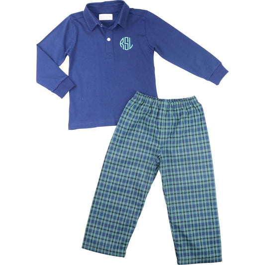 Green And Navy Plaid Polo Pant Set