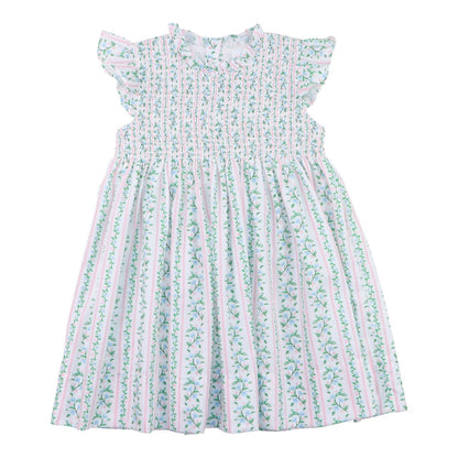 Green And Pink Floral Vines Smocked Dress