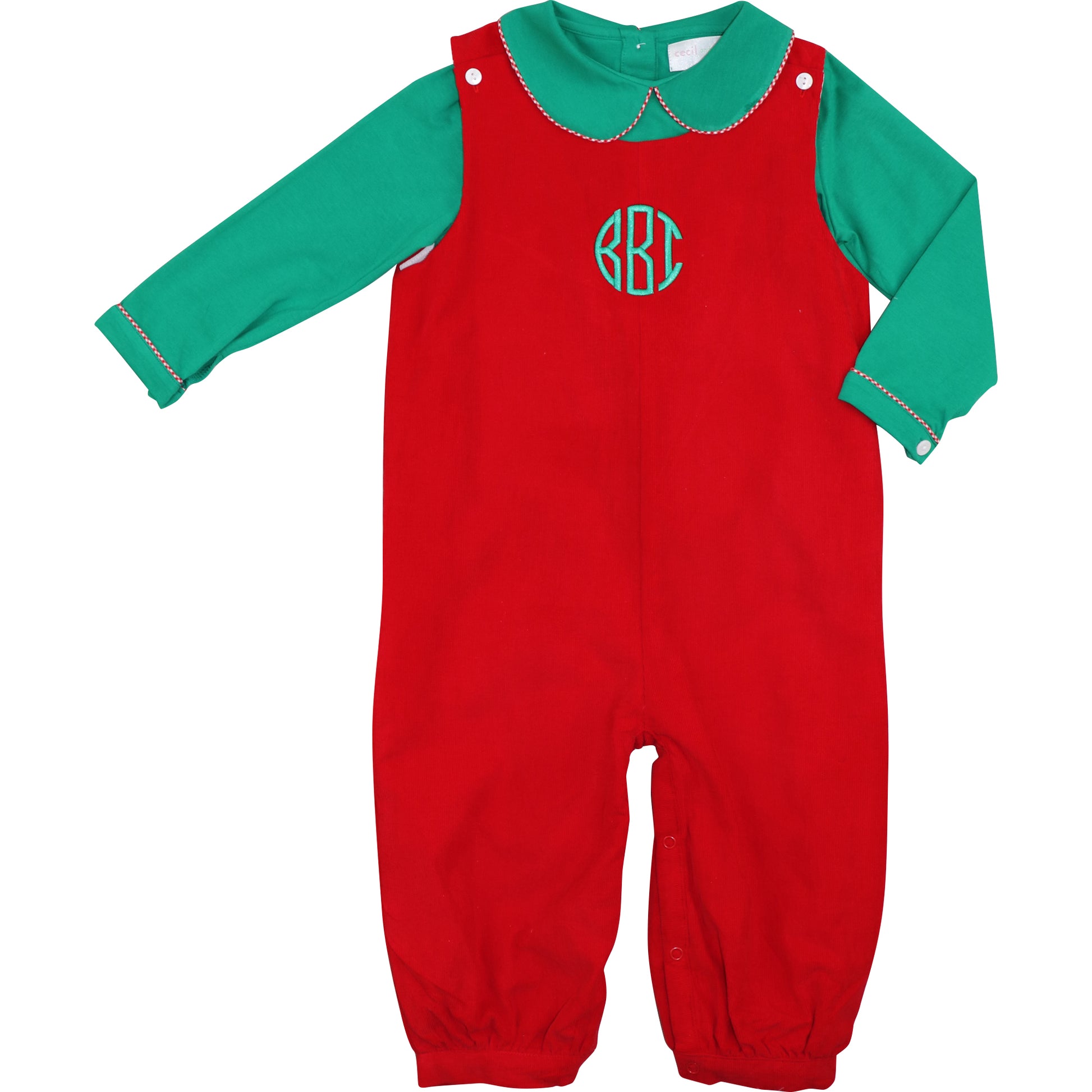 Green And Red Corduroy Long Romper Set
