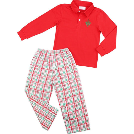 Green And Red Plaid Eyelet Polo Pant Set