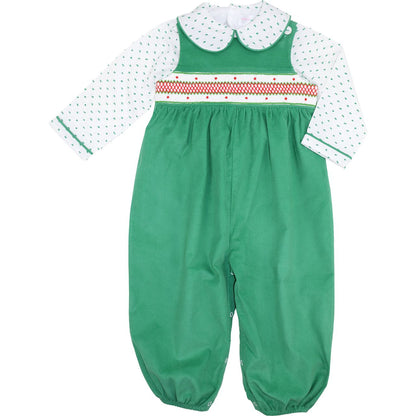 Green And Red Smocked Corduroy Long Romper Set