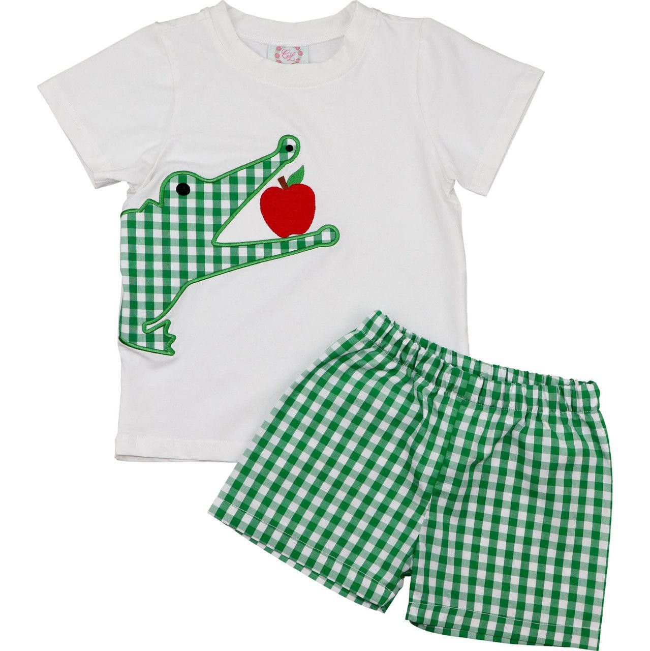 Green Check Applique Alligator And Apple Short Set
