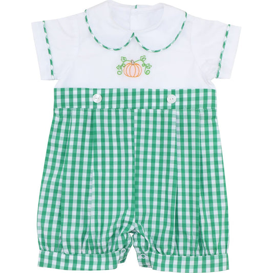 Green Check Embroidered Pumpkin Button On