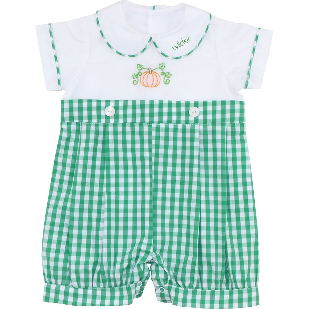 Green Check Embroidered Pumpkin Button On