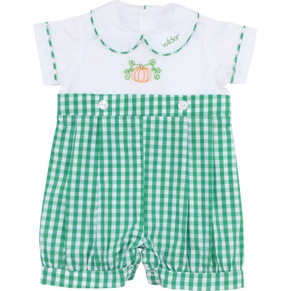 Green Check Embroidered Pumpkin Button On
