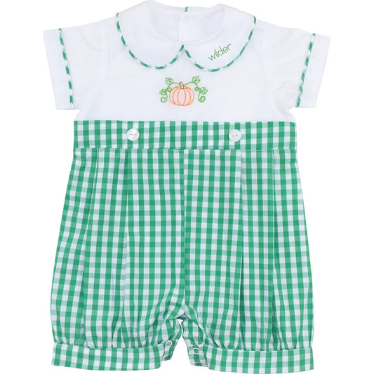 Green Check Embroidered Pumpkin Button On