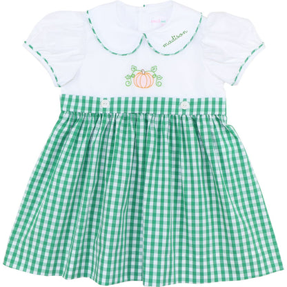 Green Check Embroidered Pumpkin Dress