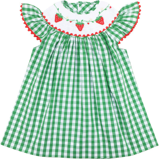 Green Check Smocked Strawberries Dress