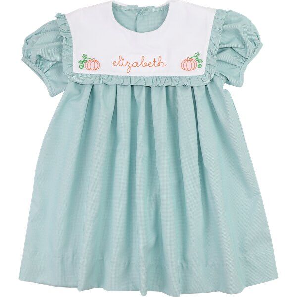 Green Gingham Embroidered Pumpkin Dress