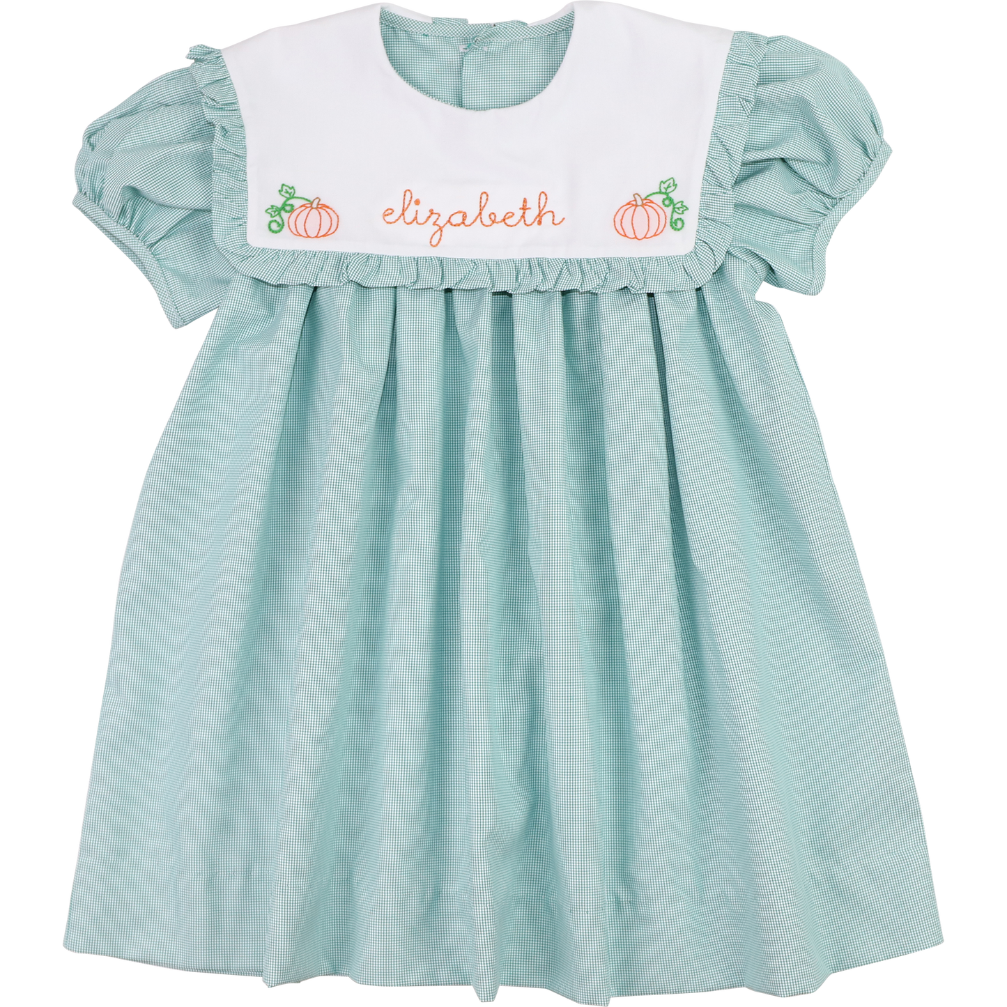 Green Gingham Embroidered Pumpkin Dress