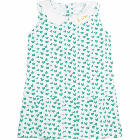 Green Heart Print Knit Tennis Dress with yellow cursive hemstitch monogram