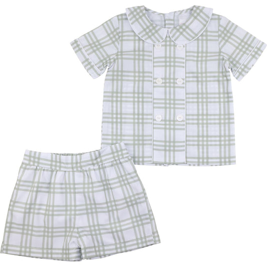 Green Plaid Double Breasted Short Set