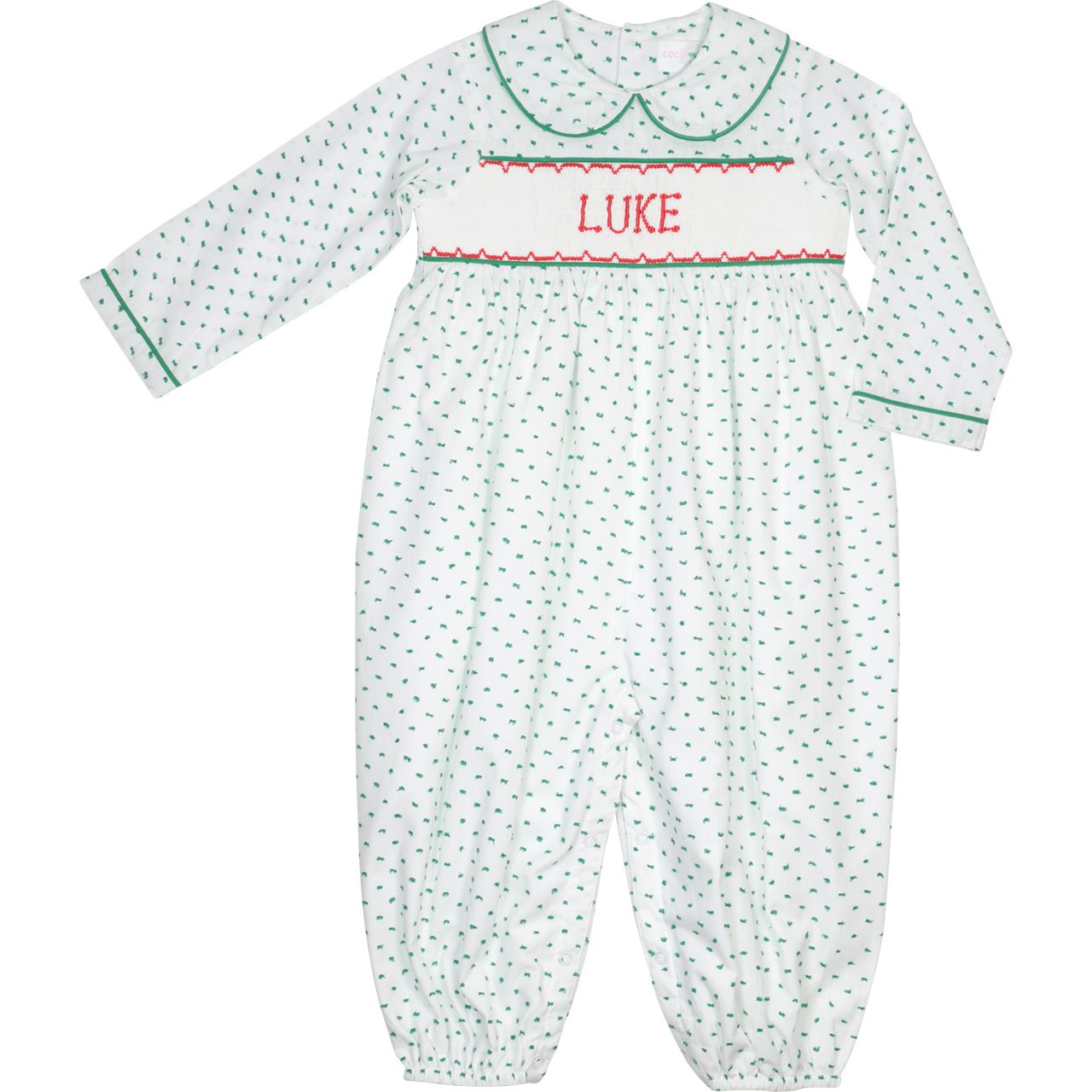 Green Swiss Dot Custom Smocked Long Romper