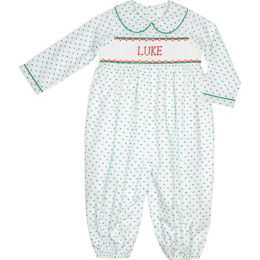 Green Swiss Dot Custom Smocked Long Romper