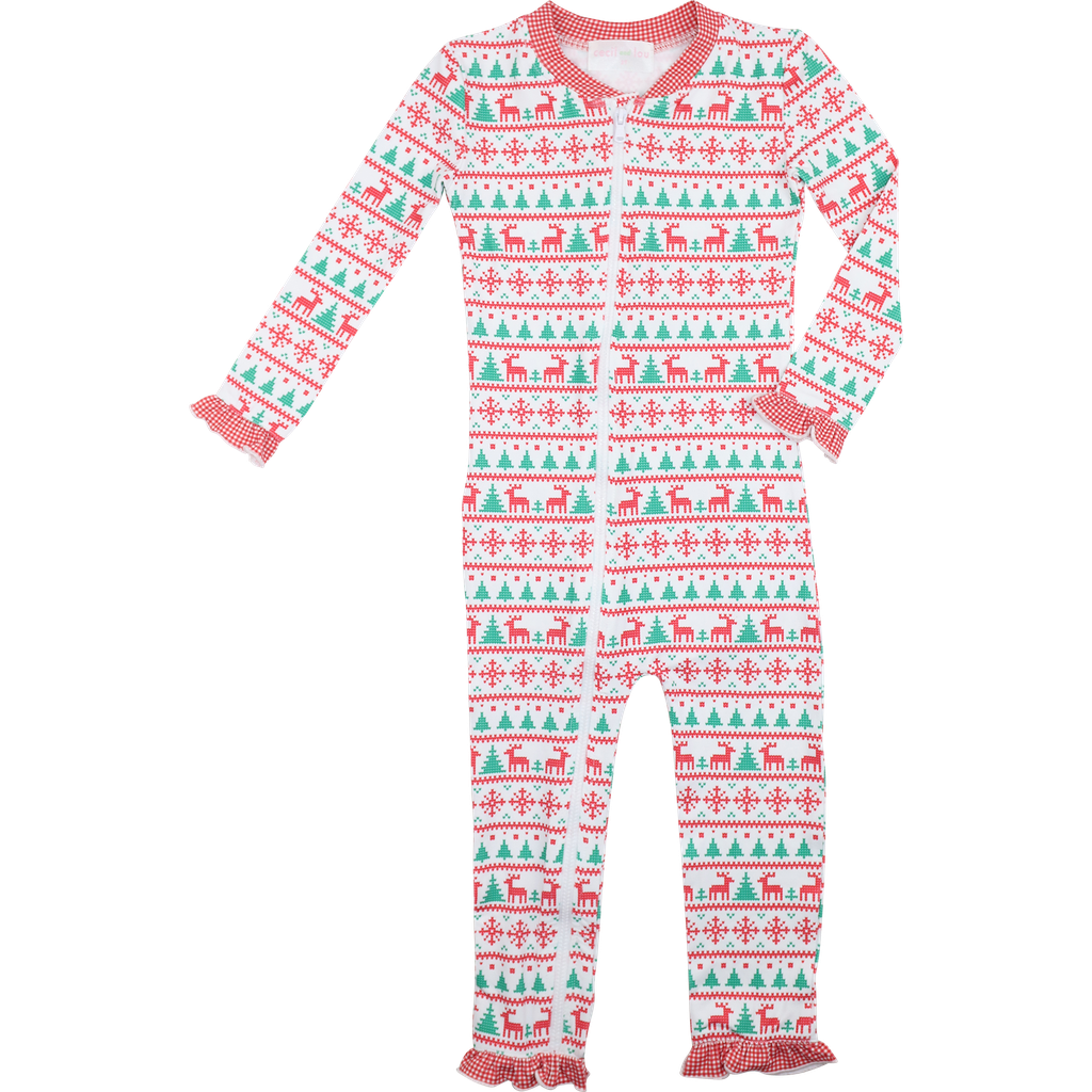 Red And Green Christmas Print Knit Ruffle Zipper Pajamas