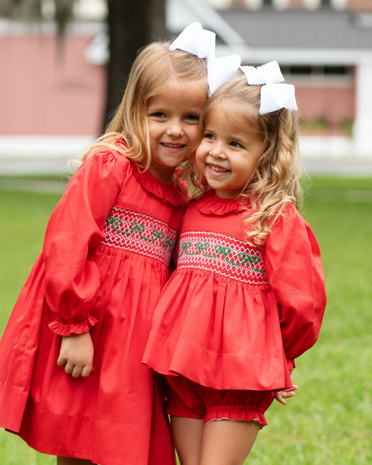 Red And Green Smocked Bow Dress