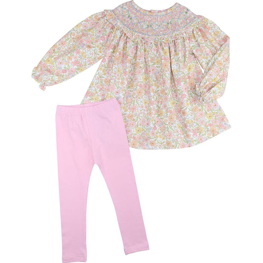 Pink And Blue Corduroy Smocked Fall Floral Legging Set